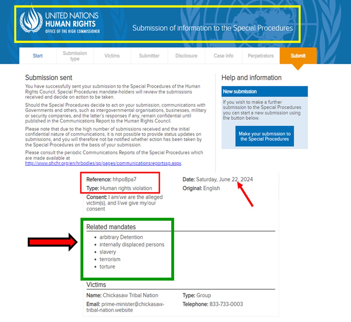 062224 United Nations HUMAN RIGHTS Office Of The High Commissioner ONLINE SUBMSSION Confirmation