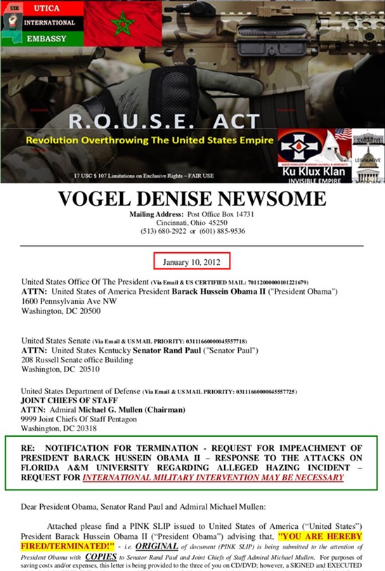 NOTIFICATION OF MILITARY INTERVENTION