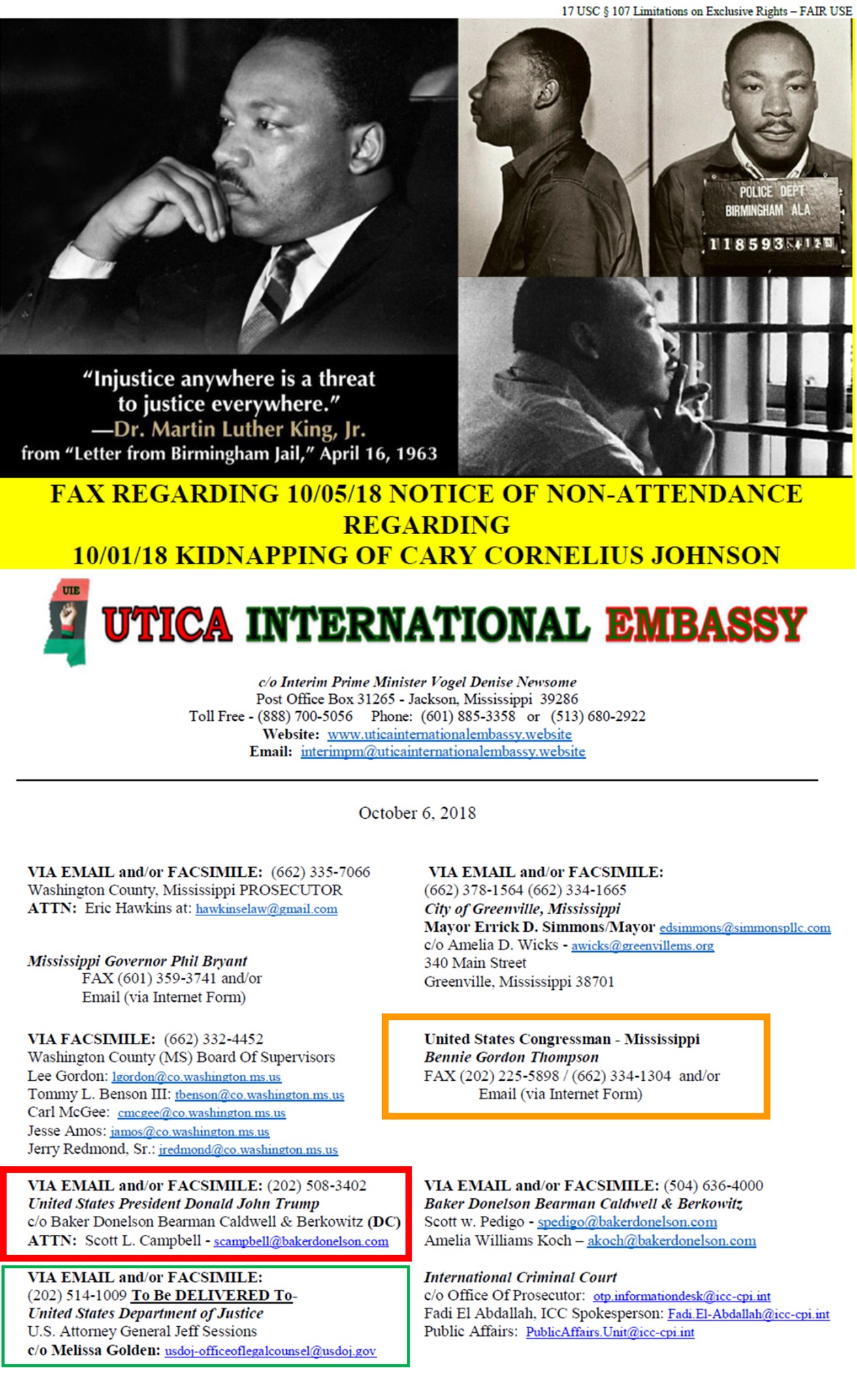 100518 Bennie Thompson FAX